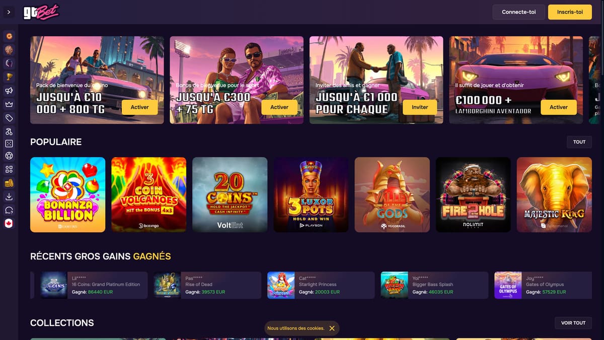 Captura del lobby principal de GT Bet Casino