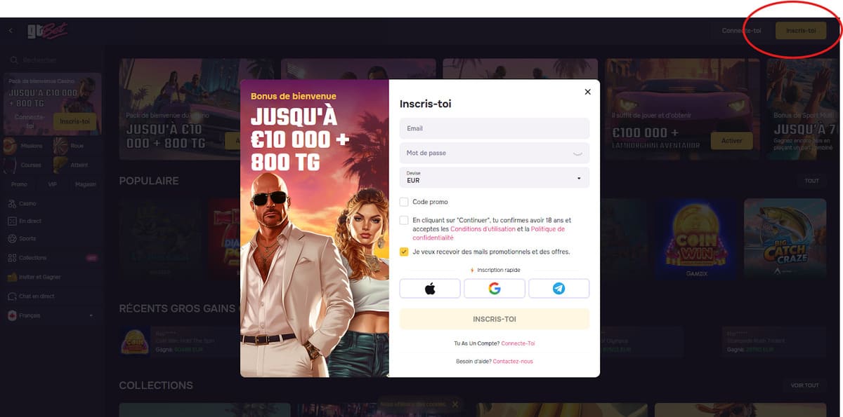 Formulario de inscripción de GT Bet Casino