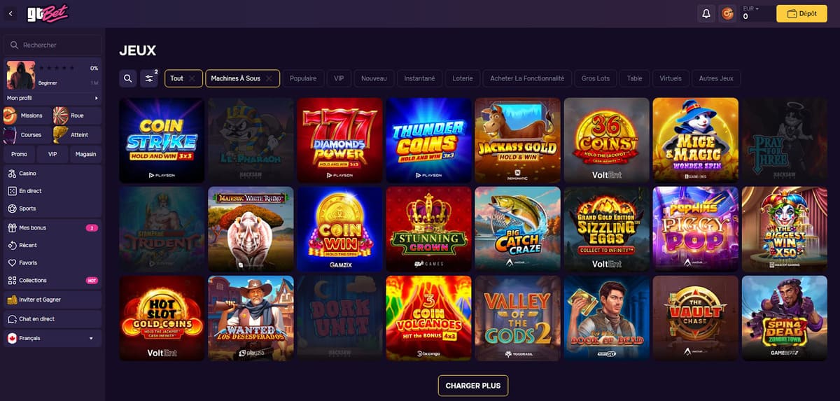 Sección de slots en la versión móvil de GT Bet Casino