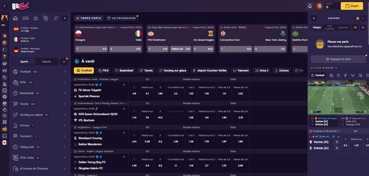 Sección de apuestas deportivas de GT Bet